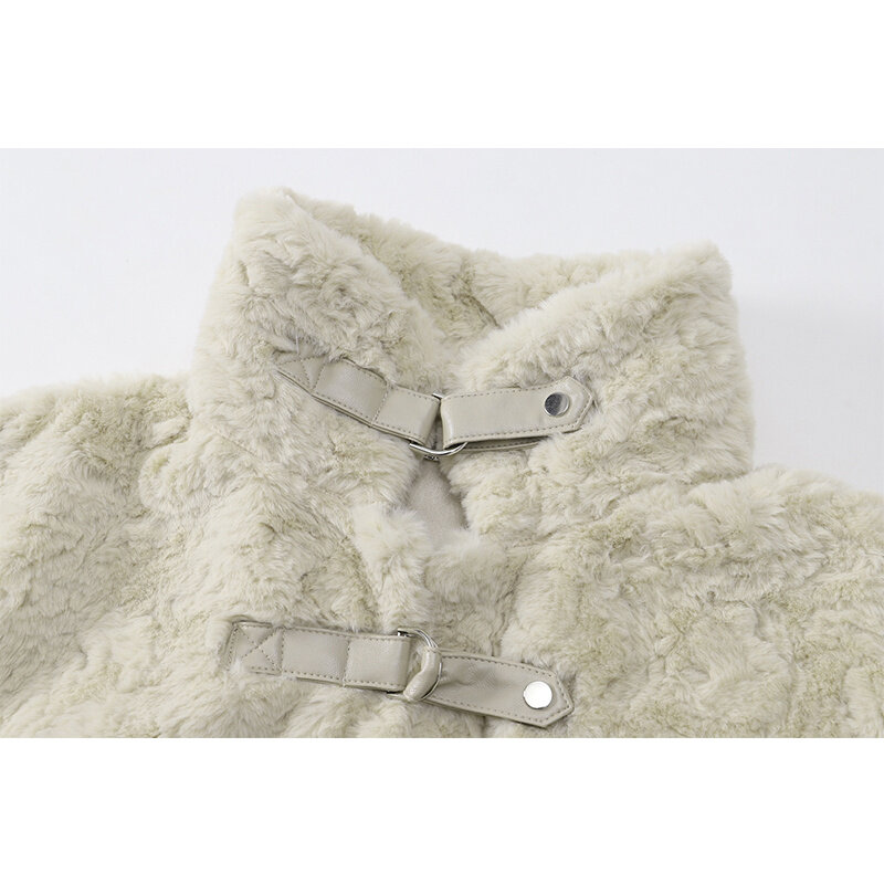Mode Kaschmir Herbst Winter Mantel frauen Wolle Fluffy Warm Kurze Jacke Einreiher Große Tasche Stehen Kragen Feste Mantel