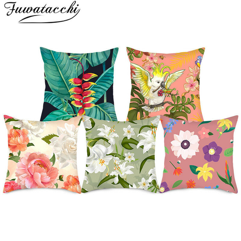 Fuwatacchi Spring Flowers Birds Pillow Cover Happy New Year Cushion Cover for Home Sofa Car Decorative Throw Pillowcases 45*45cm