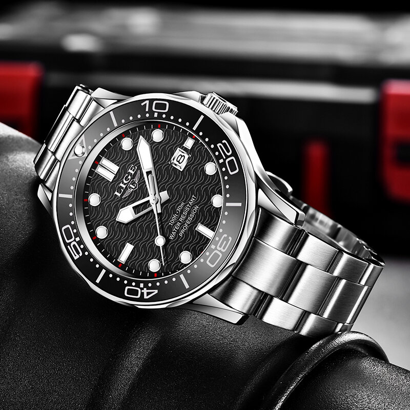 Lige 2021 relógio de pulso de luxo masculino, de aço inoxidável à prova d'água esportivo de quartzo