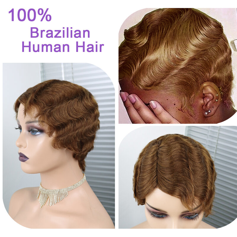 Peluca de cabello humano 100% con corte Pixie para mujer, pelo corto brasileño hecho a máquina, Cosplay, natural