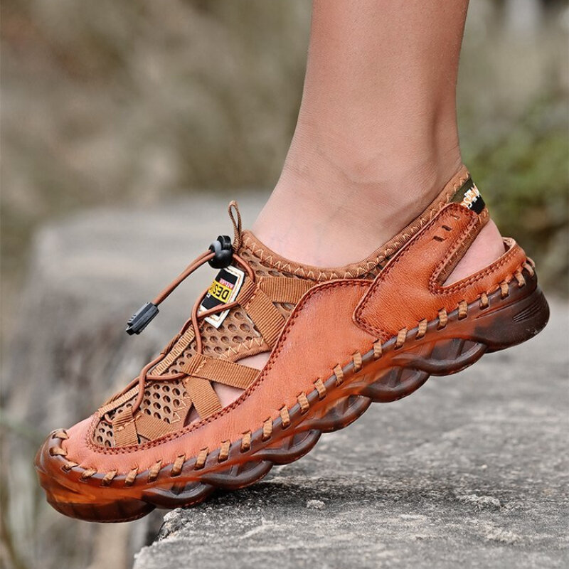 Sandálias anticolisão masculinas 2021, calçados fashion para esportes ao ar livre, oco, malha elástica, respirável, confortável, sandálias 3kc289