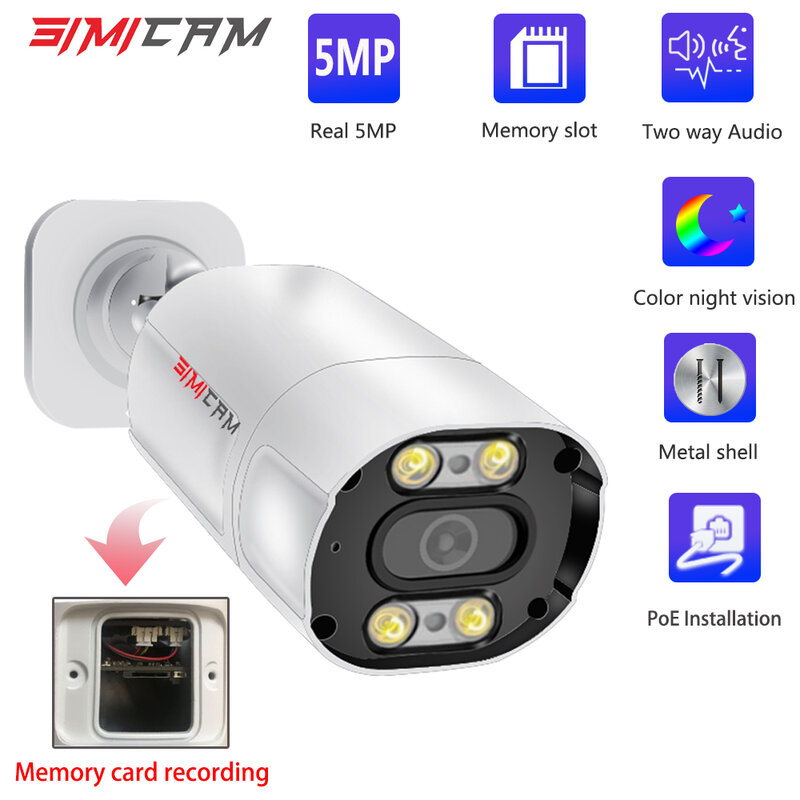Kamera IP 5MP PoE Tahan Air Warna Penglihatan Malam Slot Kartu SD Onvif Peluru Rumah Simicam dengan Deteksi Orang Video Pengawasan