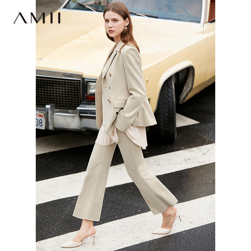 Amii Minimalisme Herfst Pak Set Mode Revers Double Breasted Vrouwen Pak Jas Hoge Taille Solid Ankel-Lengte Broek 12070889