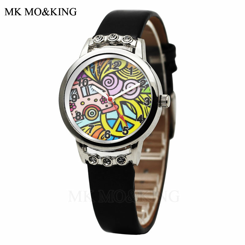 Heißer Verkauf Cartoon Graffiti Uhr für Kinder Mode Diamant Zifferblatt Design Quarz Leder Kinder Uhr Junge Mädchen Handgelenk Uhren