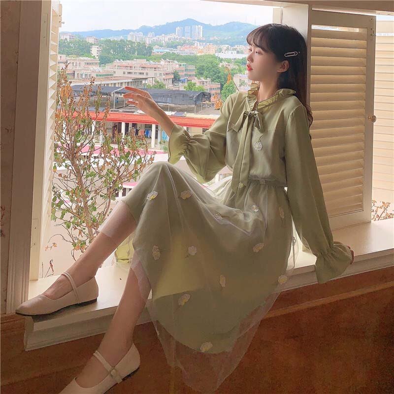 2021 primavera e outono vestido feminino bordado com mangas longas vestido elegante estilo coreano de férias para mulheres