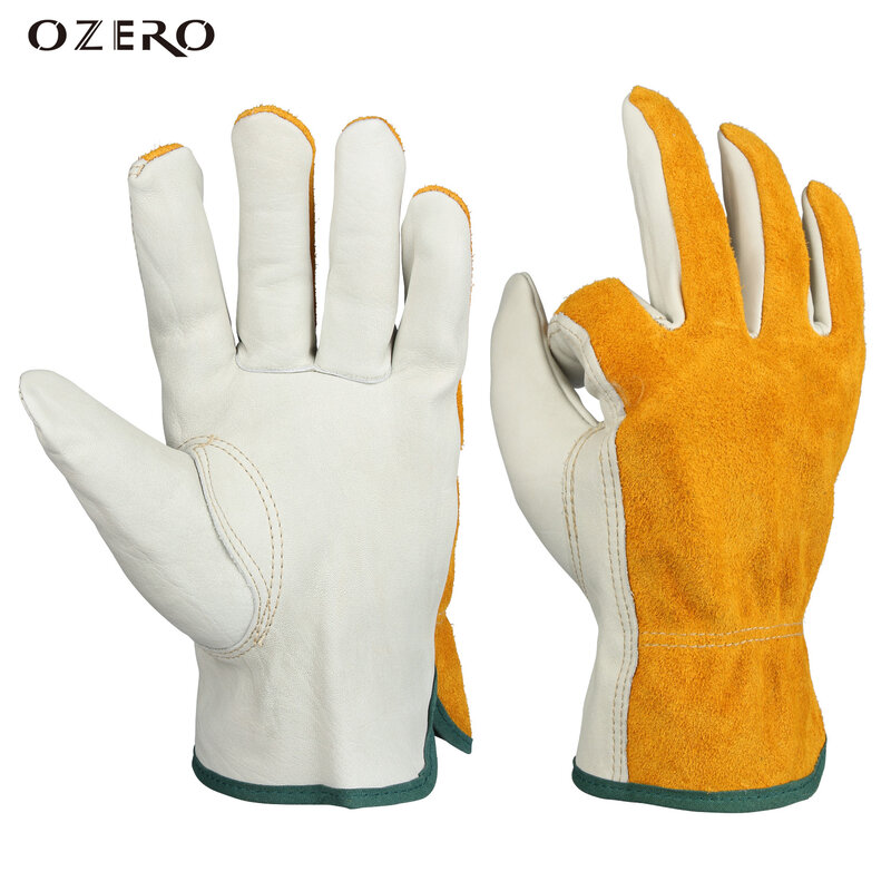 OZERO ถุงมือหนัง Cowhide Driver ความปลอดภัยสวมใส่ป้องกันความปลอดภัยแรงงานเชื่อมสวนถุงมือสำหรับชาย1008