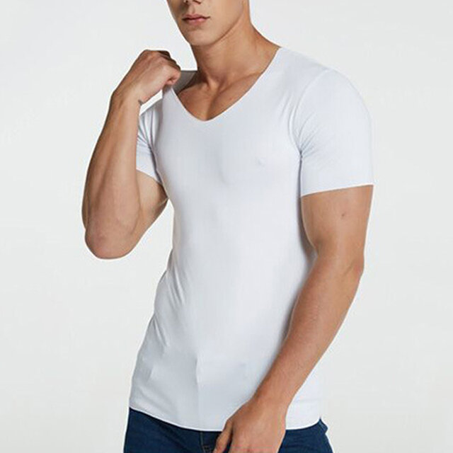 Camisa sem costura de seda de gelo respirável de secagem rápida de manga curta masculina casual estiramento de cor sólida
