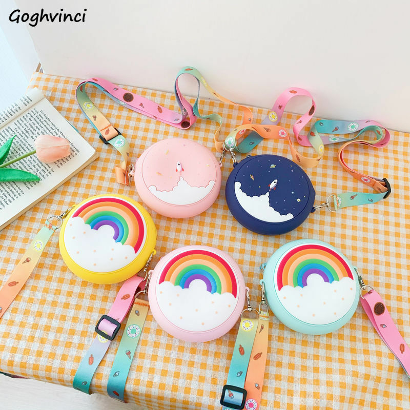 Bolsas de ombro infantis com estampa de arco-íris, bolsa bonita para crianças, estilo coreano macio, alça colorida, presente para meninas