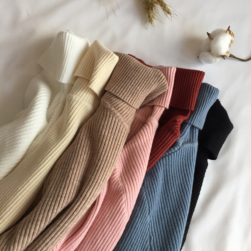Pull épais en tricot côtelé à manches longues et col roulé pour Femme, chandail doux et chaud, Slim, collection automne hiver 2021