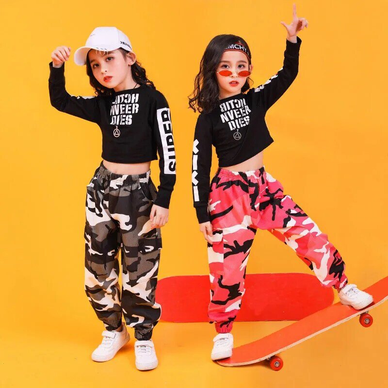 Roupa infantil de hip hop, blusa com moletom, camisa preta, calças casuais para meninas, traje de dança de jazz, roupas de dança de salão da rua