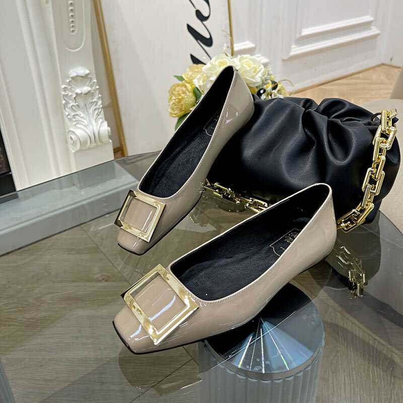 Clássico metal fivela quadrada calcanhar plano único sapatos de couro cor sólida boca rasa vestido profissional diariamente sapatos femininos