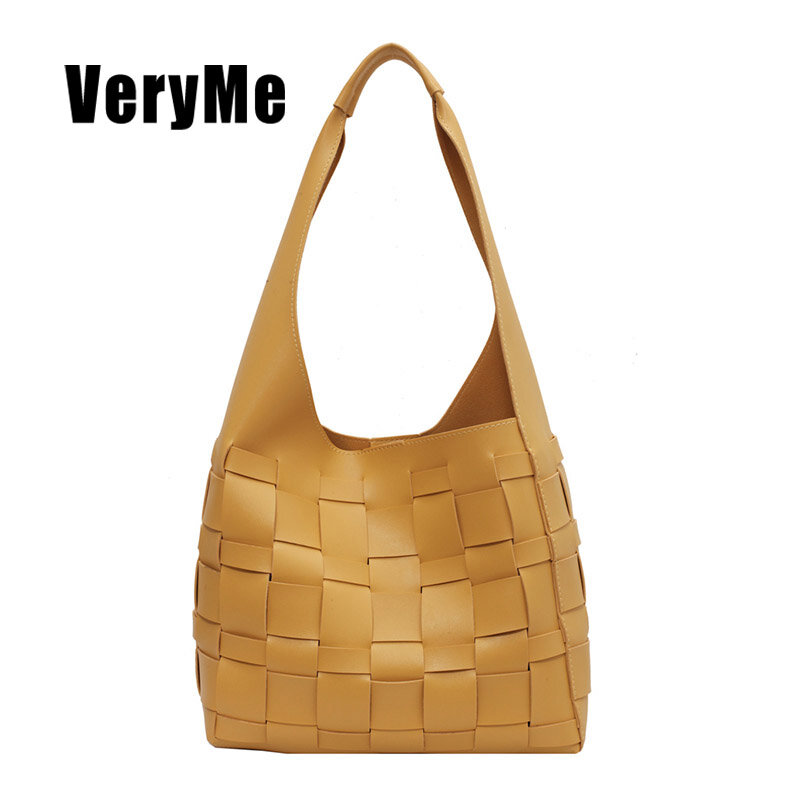 Veryme-女性用レザーハンドバッグ,ショルダーバッグ,織り素材,大容量,無地