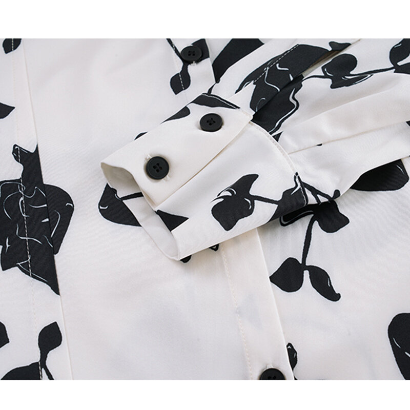 2021 가을 새로운 여성 프랑스어 스타일 빈티지 잉크 인쇄 블라우스 패션 긴 소매 단일 브레스트 턴 다운 칼라 느슨한 셔츠