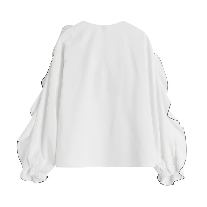 2021 Autumn Elegant Chiffon Blouse Women Long Sleeve Bow Ruffle Edge Female Shirt French Style Sweet Fashion Loose Blusas Tops