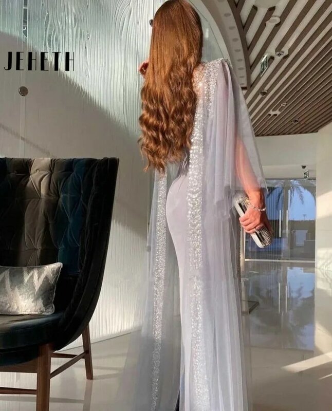 JEHETH Elegan Abu-abu Biru Gaun Malam Arab dengan Jubah Lengan Panjang Pergelangan Kaki Dubai Wanita Gaun Pesta Formal untuk Tamu Pernikahan