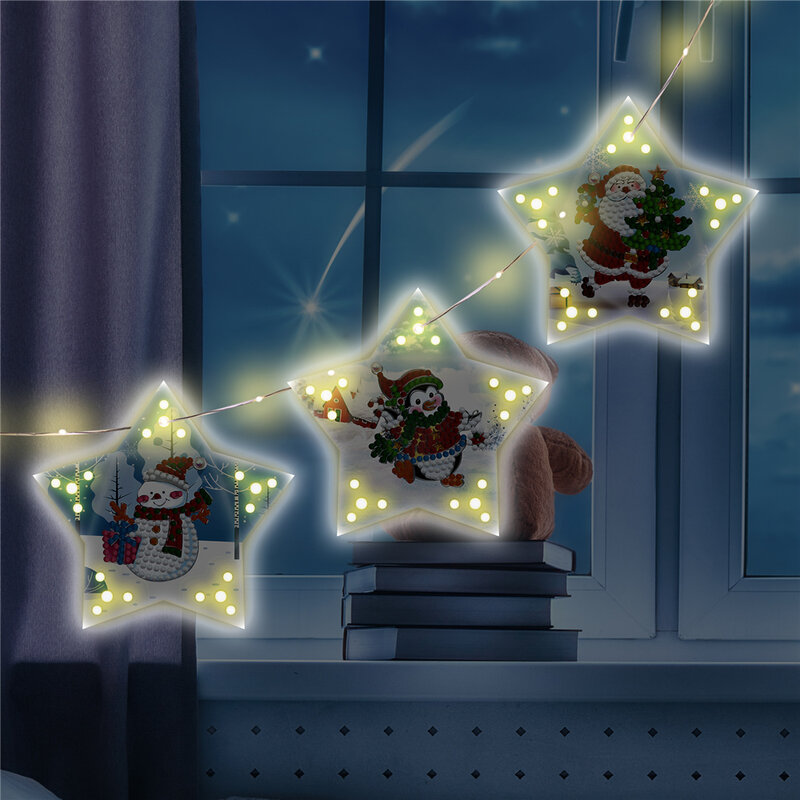 Pintura de diamante árvore de natal luzes penduradas decoração de natal estrela de cinco pontas luzes led
