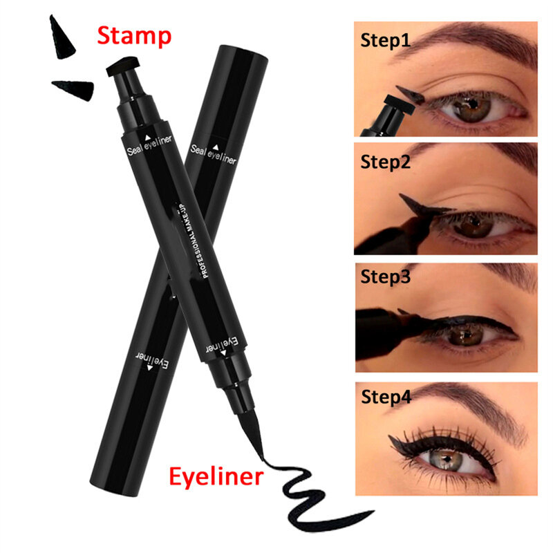 2 In 1 Eyeliner Stempel Waterproof Make-Up Eyeliner Potlood Zwarte Vloeistof