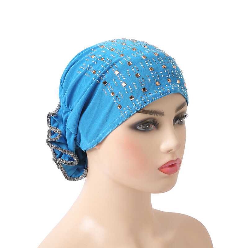 H008 wysokiej jakości muzułmańskie kapelusze z dżetów pull on szal muzułmański z kwiatem na plecach turban hidżab bonnet wewnętrzne czapki