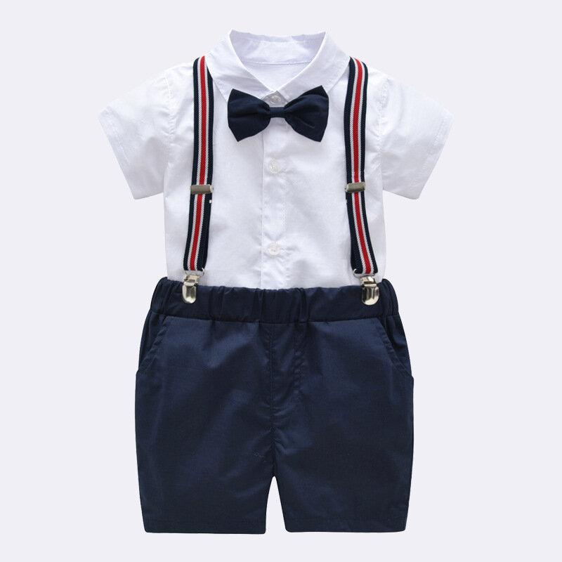 Yg Brand Children's Wear, 2021 Summer Pure Cotton Children's Suit Set, Bow Tie Short Sleeve Top + Strap Pants Two-piece Set
