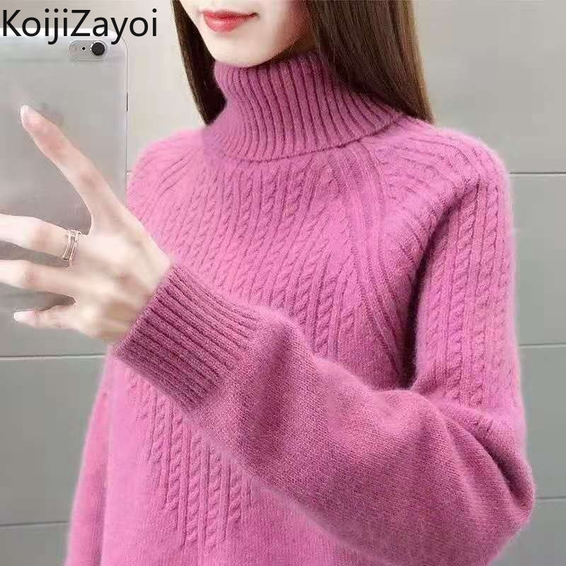 Koijizayoi moda kobiety jednokolorowy golf sweter z długim rękawem urząd Lady Chic koreański swetry zimowe ciepłe grube swetry 2022