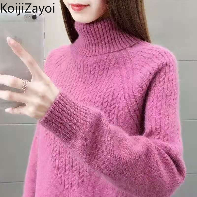 Koijizayoi Fashion Women Solid Turtleneck Sweater Long Sleeves Office Lady Chic Korean Jumpers Winter Warm Thick Pullovers 2022