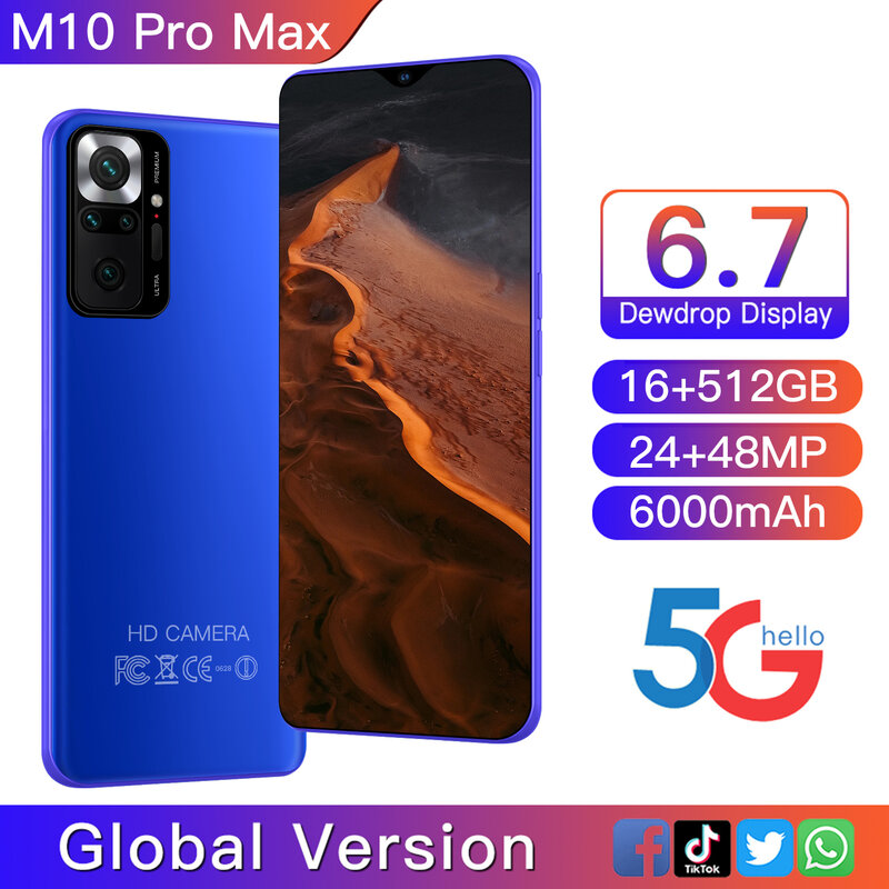 Смартфон M10 Pro Max, 10 ядер, 6,7 дюйма, 1440*2320, 4K, 16 дюймов, 512 ГБ
