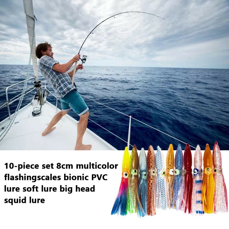 10PCS Set di esche da pesca accessori da pesca 8CM Multicolor lampeggiante PVC richiamo di pesca richiamo morbido grande testa calamari esca Fishbait