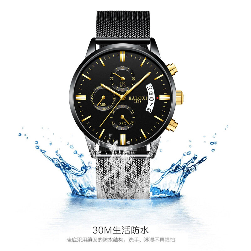 Relógio esportivo masculino com três olhos, relógio de pulso de aço com pulseira de metal resistente à água e luminoso, multifuncional