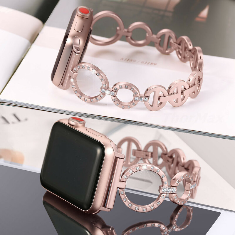 Bracelet en diamant pour femmes, en acier inoxydable, lien O, 38mm 40mm, Compatible avec Apple Watch série 5 série 4/3/2/1, Iwatch