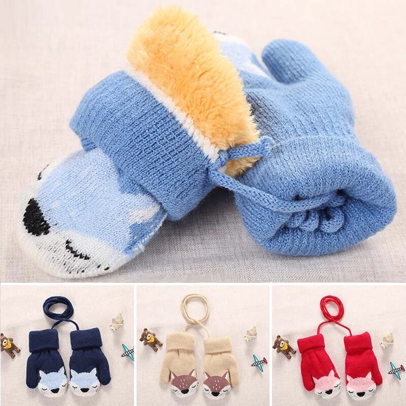 Cartoon Fox Baby Mittens Winter Warm Kids Baby Girl Gloves Knitted Children Toddler Teething Mitten Handschoen