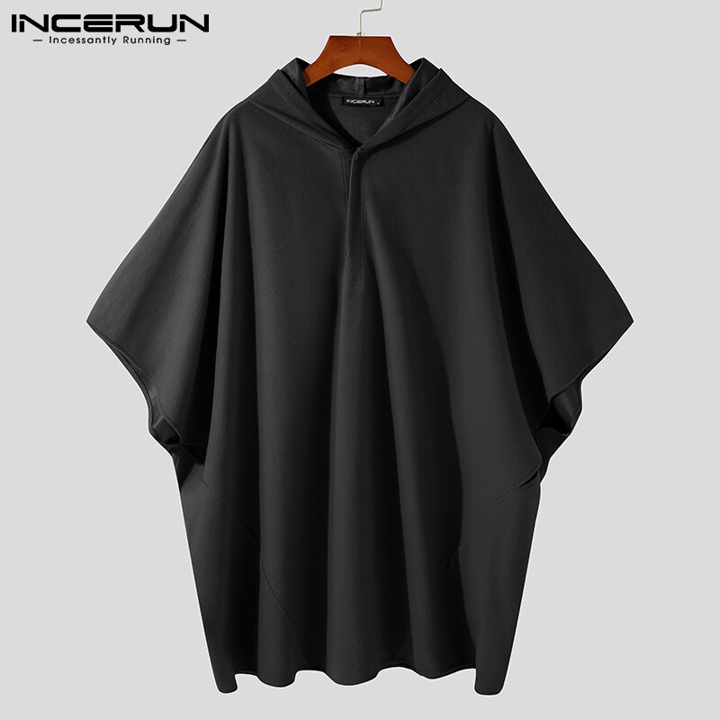 Incerun Tops 2021 Casual Mannen Herfst Winter Geul Mode Capes Vleermuis Mouw Effen Comfortabele Losse Poncho Hooded Mantel S-5XL