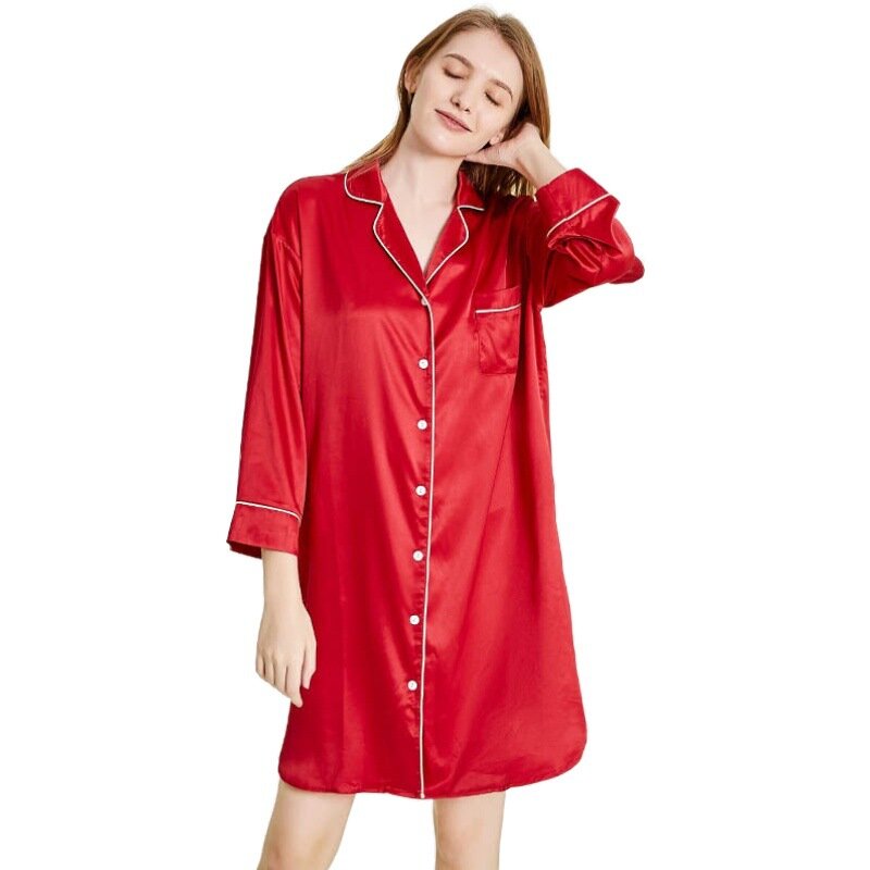 2021赤氷の絹の寝間着赤ワンピース寝間着シャツスカート模造シルクホームスカートパジャマスカート長袖ファッション