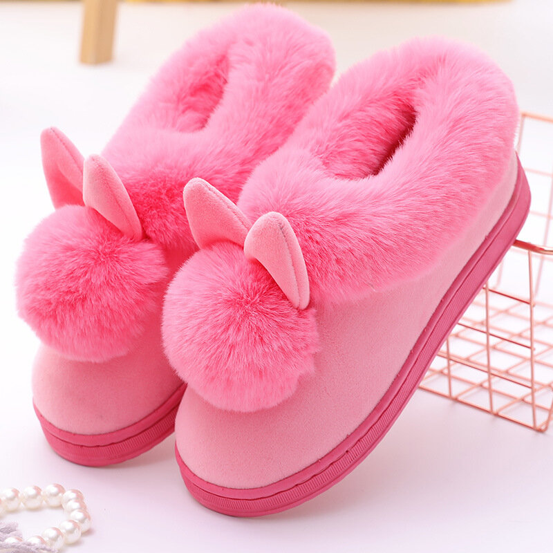 Chaussures en coton à pompon simple à oreilles longues, pantoufles d'intérieur à semelles épaisses, chaussures pour femmes, à la chaleur de l'hiver