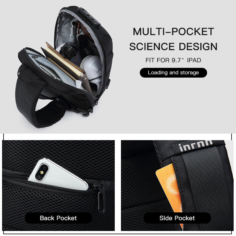 inrnn Multifunction Chest Bags for Men Anti Theft Crossbody Bag Male USB Charging Sling Messenger Bag Waterproof Mens Chest Pack