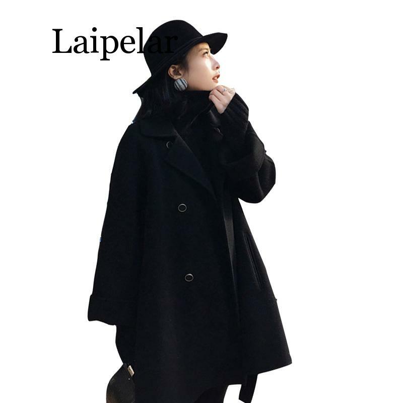 Женское длинное пальто, осенне-зимнее однотонное повседневное пальто с длинным рукавом, двубортное женское черное пальто с поясом, элегант...
