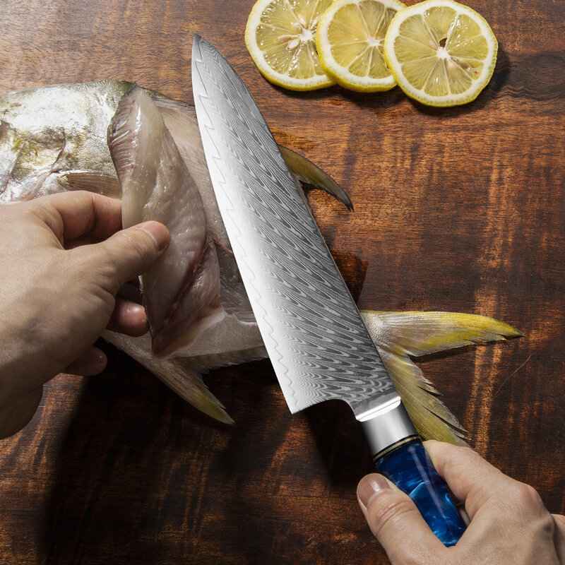 Cuchillo de Chef profesional de Damasco, utensilio de cocina, de acero inoxidable con alto contenido de carbono, 67 capas, japonés, Santoku