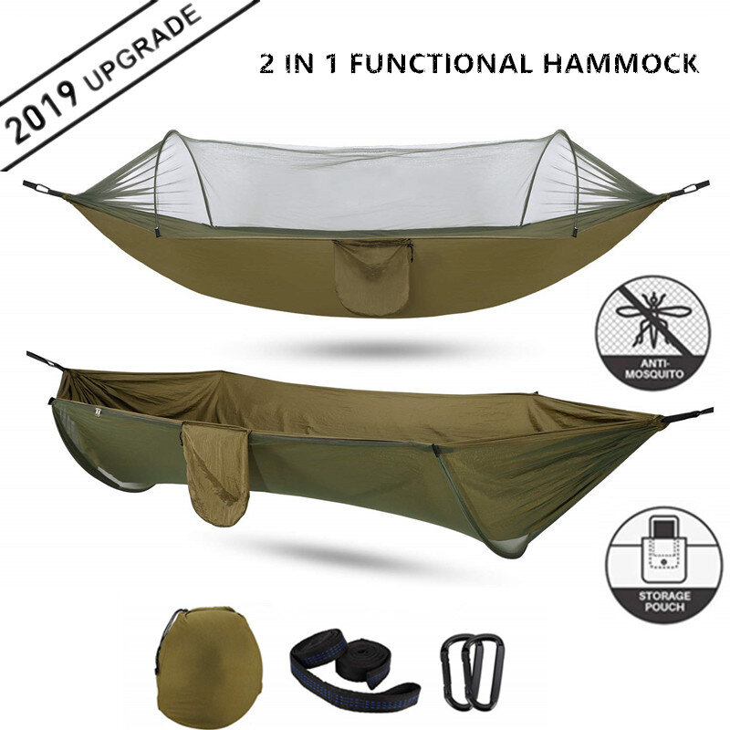 2021แคมป์ปิ้งเปลญวนกับยุง Net Pop-Up แบบพกพากลางแจ้งร่มชูชีพเปลญวน Swing Sleeping Hammock Camping Stuff