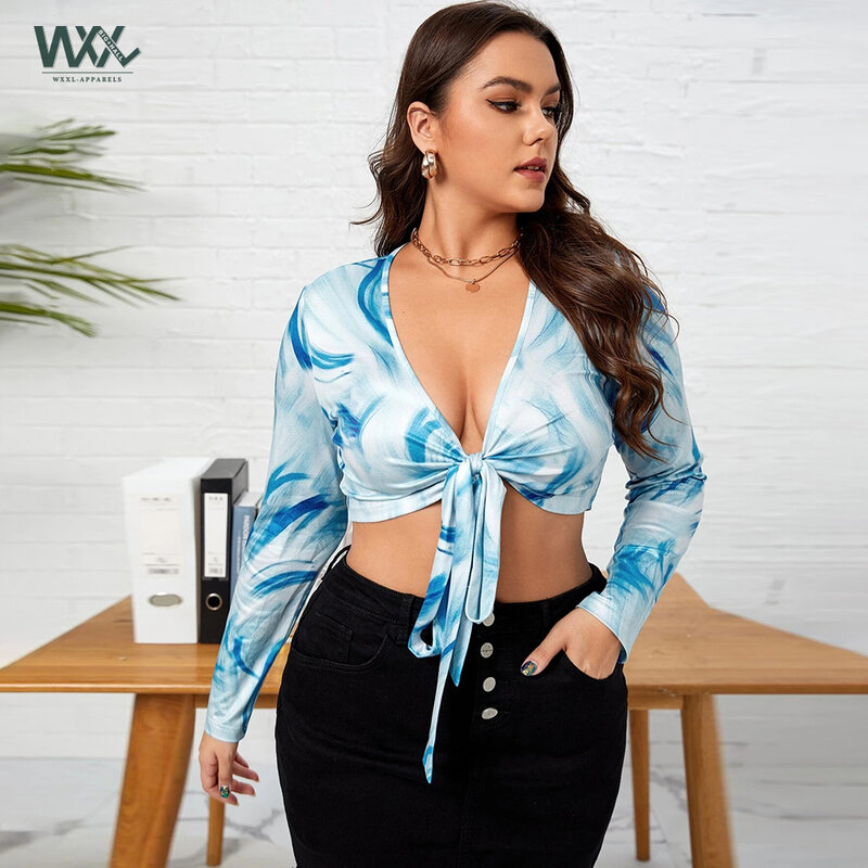 WXXL 2021ใหม่ Plus ขนาดผู้หญิงพิมพ์ T เสื้อดูผ่าน Sexy Tee เสื้อ Lace Up Hollow Out Tops แขนยาวชุด Streetwear