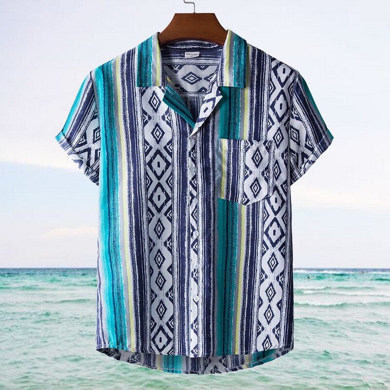 Гавайская рубашка мужская с геометрическим принтом, Пляжная сорочка с короткими рукавами, отложным воротником, на пуговицах, уличная одежд...