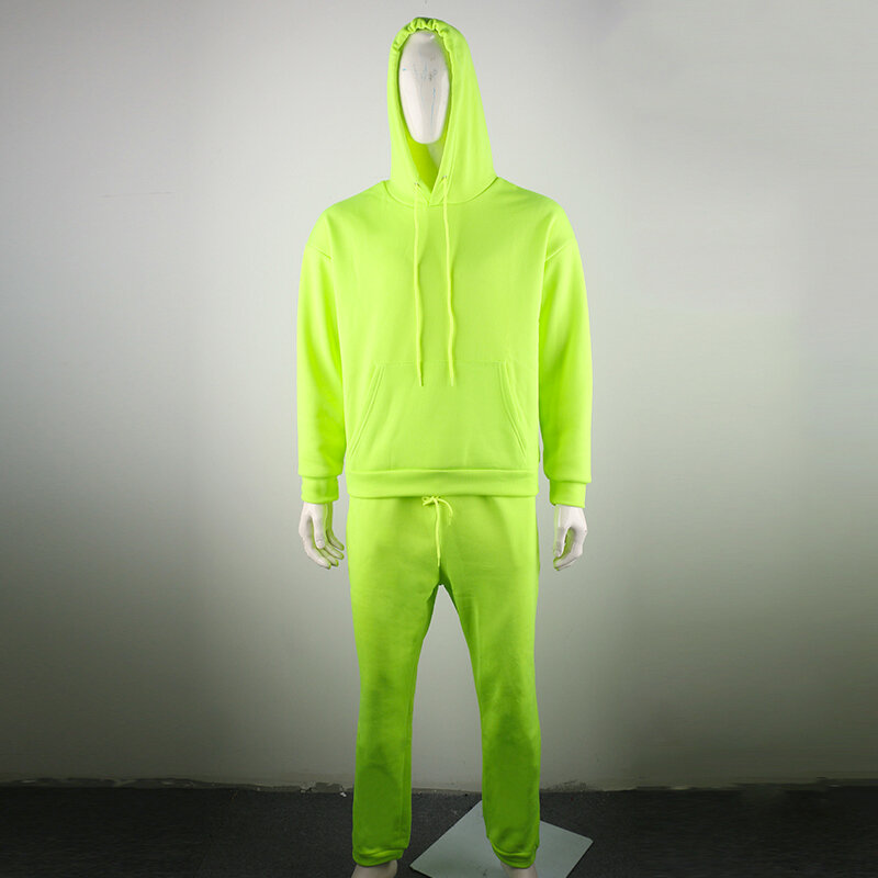 Neon Green Style Men's Fashion Tracksuit Solid 2 Pieces Long Sleeve Hoody+Loose Swearpants Casual Sportsuit Men 2021 Newest OMSJ