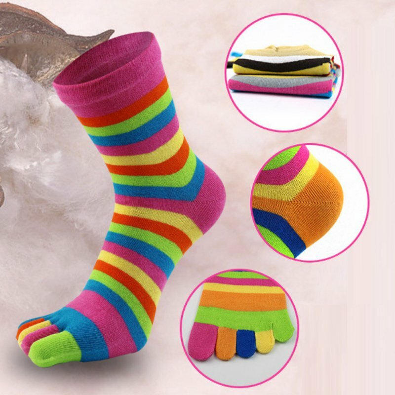 Calcetines de cinco dedos Unisex, medias de algodón suaves, coloridas, a rayas