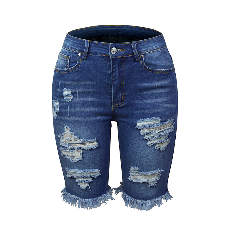 Difiupa-shorts feminino longo, jeans de cintura média, rasgado, denim de alta elasticidade com borla