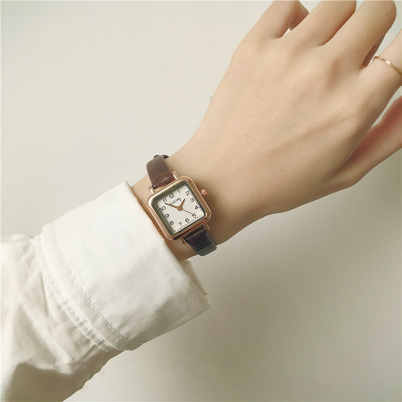 Relógio quadrado retro da forma feminina relógios de quartzo das senhoras de couro do vintage número simples relógio feminino zegarek damski w9883