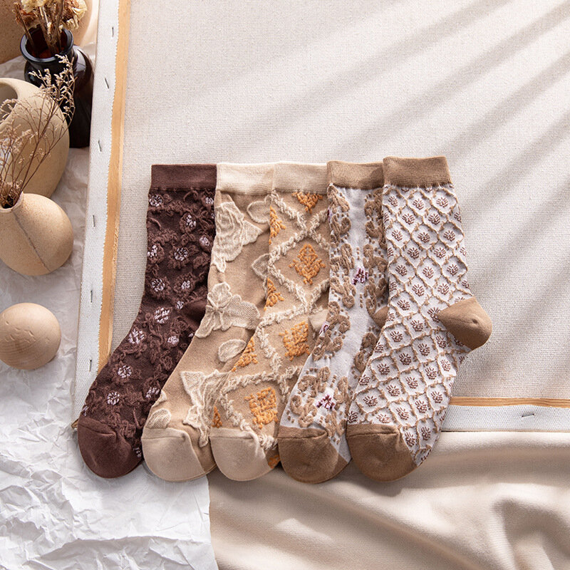 女性のためのクラシックなエスニックスタイルの靴下,通気性のある柔らかい綿のジャカードソックス,秋冬