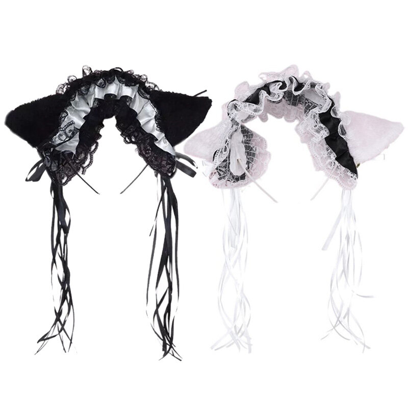 Diadema de encaje con volantes para mujer, cinta de felpa con orejas de gato, campana, Lolita, Cosplay, Aro para el pelo