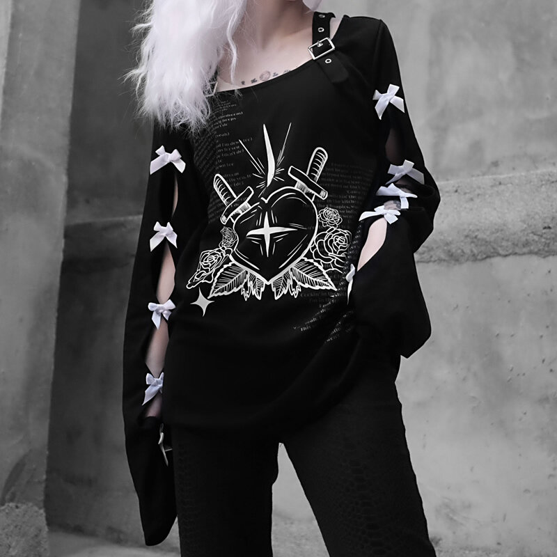 Emo 여성 Alt Streetwear 긴 소매 어두운 미적 대안 고딕 고스 풀오버 오버 사이즈 탑스 그런지 스웨터 의류