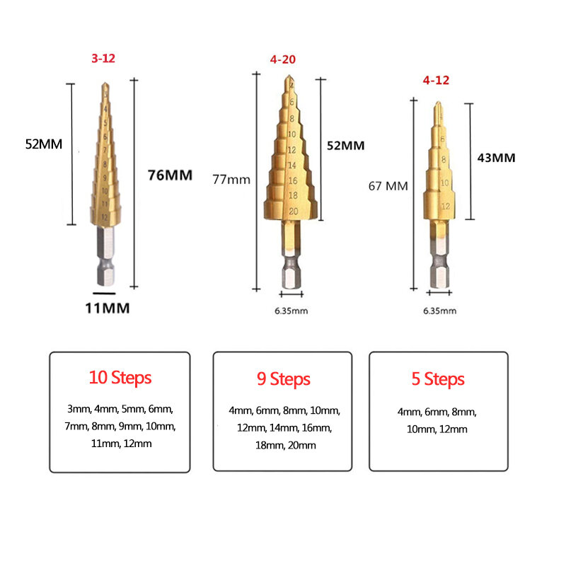3Pcs/set HSS Straight Groove Step Drill Bit 3-12mm 4-12mm 4-20mm Titanium Coated Woodworking Tools Hole Cutter Cone Drill Set