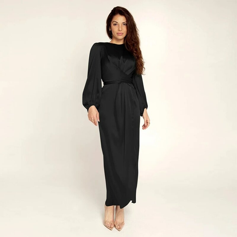 Abaya Wrap Front Dress manica lunga Satinlike tinta unita fessura in vita abito lungo donna Dubai turchia moda elegante usura