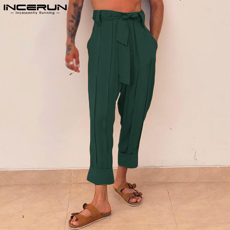 INCERUN Men Fashion High Waist Long Pants Pleated Trouser Party Nightclub Style Male Leisure Hot Sale Baggy Suits Pantalons 2021