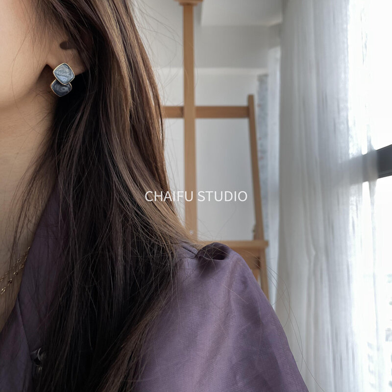 Chaifuスタジオ/E928フレンチシンプルさ芸術青色不規則なテクスチャ美しい正方形のスタッドのイヤリング